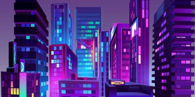 Çatıdan aydınlatma manzaralı neon ışıklı bir gece şehri. Modern fütürist megalopolis mimari binaları. İkamet binaları olan şehir manzarası arkaplanı, Çizgi film vektör Illustrasyonu