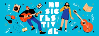 Kızların şarkı söyleyip gitar çaldığı müzik festivali afişi. Genç bir kadın mikrofon ve müzik eşyasıyla şarkı söylüyor. Eğlence, festival ya da konser eğlencesi tanıtım hattı düz vektör illüstrasyonu