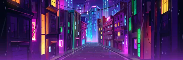 Regnigt Väder Natten Stadsgata Med Neonljus Vektor Tecknad Illustration Nederbörd — Stock vektor