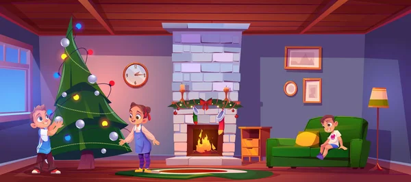 Crianças Decoram Árvore Natal Casa Interior Com Lareira Irmãzinha Irmão — Vetor de Stock