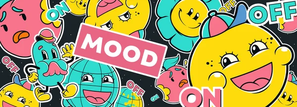 Y2K Banner Humor Conceito Com Personagens Engraçados Emoji Amarelo Rosto —  Vetores de Stock