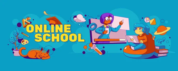 Online School Banner Girl Student Teacher Computer Screen Distance Training — Stock Vector