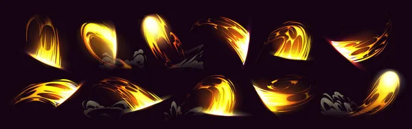 一套剑的攻击 割伤和切割效果隔离在黑色背景上 黄色闪光的武器击中 快速运动的灯光小径为游戏动画 矢量卡通画 桂族设计元素 — 图库矢量图片