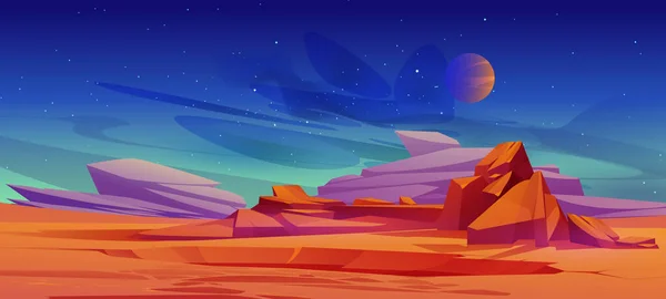 Marsoberfläche Fremde Planetenlandschaft Zeichentrickhintergrund Mit Roter Wüste Felskrater Und Sterne — Stockvektor