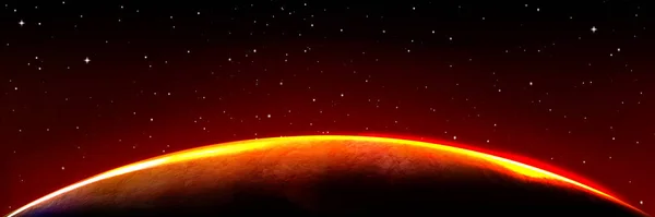 火星上的外星行星在日出的阳光下 在漆黑的天空中闪烁着闪亮的星辰 外层空间背景 有红色光芒的行星地球 地平线边缘明亮的大气层 现实的3D矢量图解 — 图库矢量图片
