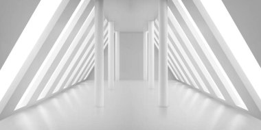 Soyut beyaz mansard iç tasarımı. Sütunları ve geniş pencereleri olan açık uzay ışıklı çatı odasının gerçekçi vektör çizimi. Modern sanat galerileri. Çağdaş mimari biçimi