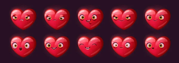 Cute red heart character with different emotions. Symbol of love, affection, romantic relationship. Funny simple heart isolated on black background, vector cartoon set