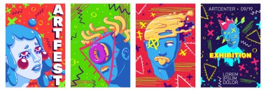 Çağdaş portreleri olan sanat sergisi broşürleri, soyut resimlerle modern resimlerle karşılaşıyor. Sanat merkezi ya da festival etkinliği için tasarım. Gerçeküstü karakterlere sahip yaratıcı grafikler, Çizgi film vektör şablonları ayarlandı