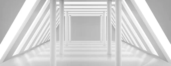 Белый Интерьер Открытого Пространства Колоннами Большими Окнами Крыше Стенах Футуристический — стоковый вектор
