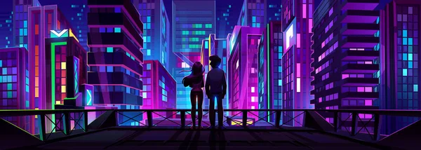一对年轻夫妇从屋顶上俯瞰着夜城 男人和女人站在摩天大楼的屋顶上 享受浪漫的约会与未来的霓虹灯发光的城市景观 卡通矢量画图 — 图库矢量图片