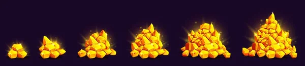 金のナゲットの山 宝のゲームアイコン トロフィー 黒の背景に隔離された異なるサイズのヒープ内の光沢のある黄金の石と富 ベクトル漫画のイラスト — ストックベクタ