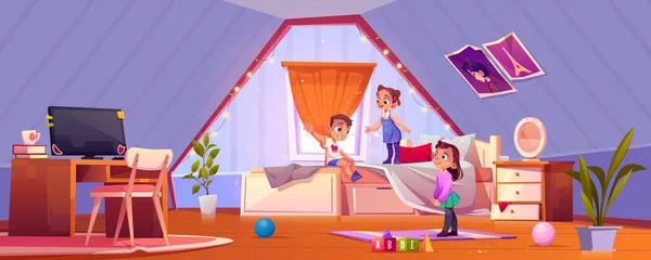 Kinder Spielen Mansardenzimmer Kinder Hause Mit Auf Schreibtisch Bett Spielzeug — Stockvektor