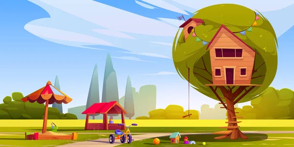 青空の下で緑の公園でおもちゃや木の家と遊び場 はしご サンドボックスと三輪車と木製小屋の漫画のベクトルイラスト 子供たちが遊び 休日を楽しむ場所 — ストックベクタ