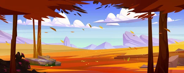 Paysage Automnal Vallée Montagne Avec Prairies Arbres Aux Feuilles Orange — Image vectorielle