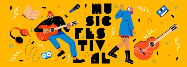 Affiche Festival Musique Avec Fille Musicienne Avec Guitare Microphone Lecteur — Image vectorielle