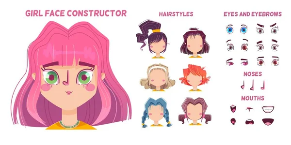 Construcción Cara Niña Generador Avatar Infantil Con Diferentes Peinados Narices — Archivo Imágenes Vectoriales