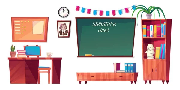 Literatur Klassenzimmermöbel Mit Lehrerschreibtisch Grüner Tafel Bücherregal Pinnwand Und Umhang — Stockvektor