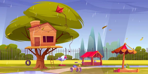 Childrens playground in rainy weather. Cartoon vector illustration of tree house with wooden ladder, toys, tricycle and sandbox in green summer park. Place for kids to play and have fun outdoors