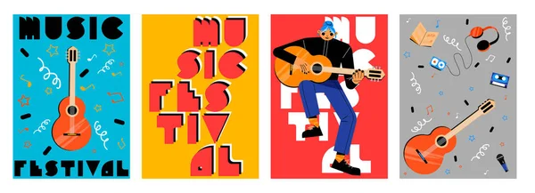 Set Gabarits Affiches Festival Musique Illustration Vectorielle Plate Bannières Vintage — Image vectorielle