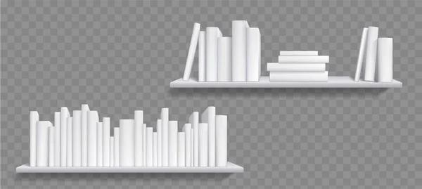 棚の現実的なモックアップ ベストセラーと本棚の本 図書館や店舗で白いカバーとスピンを持つ小冊子 日記ボリュームともに空のペーパーバック嘘と立って行 3DベクトルMockアップ — ストックベクタ