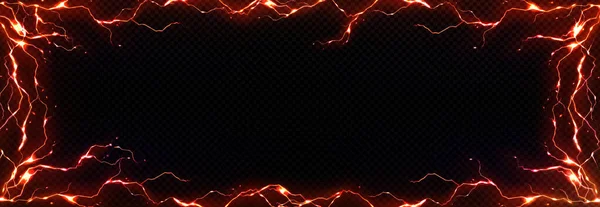 透明背景に隔離された現実的なオレンジ色の雷フレームのPng ボルト 点滅光効果で飾られた長方形の境界線のベクトル図 魔法のパワーデザイン — ストックベクタ