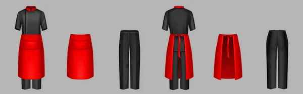 一套现实的烹饪服装 背景孤立 红色和黑色厨师夹克的矢量插图 带有钮扣的紧身衣 裤子和腰围前后看 厨房服装造型 — 图库矢量图片