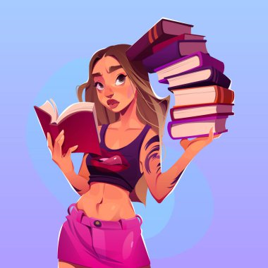 Elinde bir yığın kitap tutan genç bir kadın. Öğrenci kız öğrenme, sınavlara hazırlan, hobi, boş zaman, eğlence konsepti mavi arka planda izole edilmiş kadın karakter, çizgi film vektör çizimi