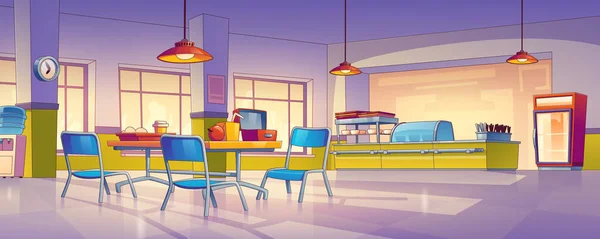 空の学校食堂のインテリア 現代的なベクトルイラスト 冷蔵庫でテーブル 食べ物や飲み物を持つ幼稚園や大学生のためのきれいなダイニングルーム 病院食堂のデザイン — ストックベクタ