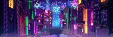 Gece şehir caddesinde Hanuka dekorasyonu. Evleri ve gökdelenleri olan şehir manzarası parlayan pencereleri ve parlak yıldızları olan David, vektör karikatür çizimi