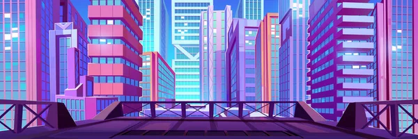 都市の建物や高層ビルを望む屋上テラス 都心の風景を背景に 街の通りの上の空の屋根やバルコニー ベクトル漫画のイラスト — ストックベクタ