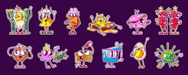 Stickers Rétro Nourriture Personnages Mignons Petit Déjeuner Dans Style Y2K — Image vectorielle