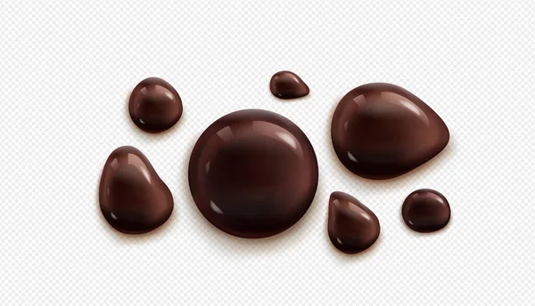 チョコレートの滴 濃い茶色の液体の光沢のあるガナッシュソースまたはシロップの塊は 透明な背景に隔離された汚れを溶かす 甘いチョコ球状テクスチャスポット デザイン要素 現実的な3Dベクトルセット — ストックベクタ