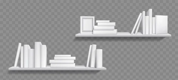 家のインテリアのための棚に本のスタック 行と杭と空の画像フレーム ベクトル現実的なイラストの空白の白いカバーで紙の文学と本棚 — ストックベクタ