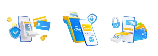 銀行カード Pos端末 請求書 現金での安全なモバイル決済 スマートフォン シールドとロックアイコン 3Dレンダリングイラストとオンライン金融保護の概念 — ストック写真