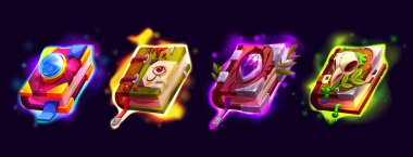 Fantezi büyü kitapları. Cadılar ya da büyücüler üzerinde değerli taşlar, kuş kafatası, göz sembolü ve metal çerçeve olan kitaplar. Klasik cadılık edebiyatı, büyü kitapları, vektör karikatür çizimleri.