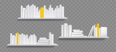 Beyaz kitaplıktaki kitaplar, kütüphanedeki veya mağazadaki raflarda sarı kapaklı en çok satanlar listesi. Kitapçıklar, boş dikenli günlük ciltleri duvarda asılı duruyor, gerçekçi 3D vektör maketi