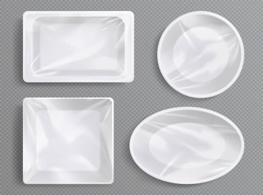 Beyaz plastik tepsiler, yemek için temiz film paketi. Üst görünümde farklı şekillerde boş stiroköpük kapları şeffaf arkaplan, vektör gerçekçi illüstrasyon izole
