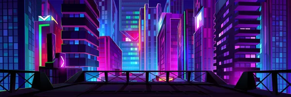 Neon Işıklı Gece Manzaralı Çatı Manzarası Modern Megalopolis Mimarisi Apartmanlar — Stok Vektör