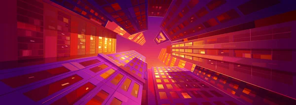 紫色の空に対する高層ビルでの日没の街の低角度ビューはガラス窓に反映されます 高層ビル 夜の夕暮れ活気のある光と高層都市建築 漫画のベクトル図 — ストックベクタ