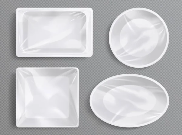 Beyaz Plastik Tepsiler Yemek Için Temiz Film Paketi Üst Görünümde — Stok Vektör