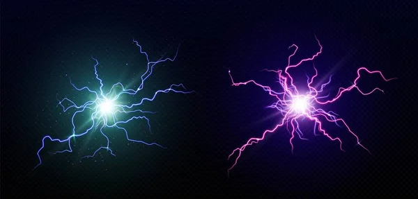 Elektrische Kugeln Runde Blitze Blaue Und Lila Blitzkreise Magische Energieschläge — Stockvektor