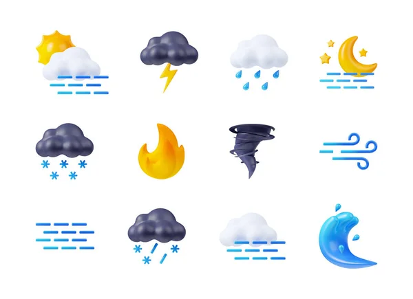 Render Időjárás Ikonok Beállított Nap Felhők Köd Villámok Vagy Eső — Stock Fotó