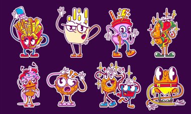 Fast food ikonları, y2k tarzında sevimli retro çıkartmalar. Komik burger, sosisli, donut, patates kızartması, kahve ve dondurma, arka planda izole edilmiş vektör karikatür.