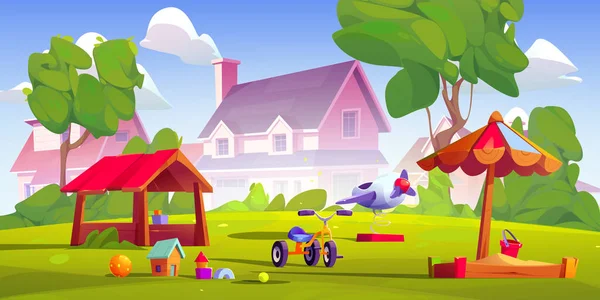 村や郊外の子供たちの遊び場 背景に緑の芝生や郊外の家にサンドボックス おもちゃ 自転車と夏の公園 庭や裏庭の風景 ベクトル漫画のイラスト — ストックベクタ