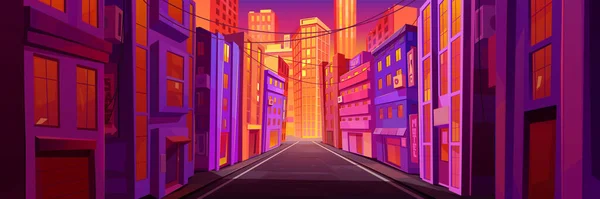 黎明时分 城市街道空旷 现代大都市建筑的矢量卡通画 公寓楼的窗户被黎明的光芒照亮 有摩天大楼的美丽城市景观 — 图库矢量图片