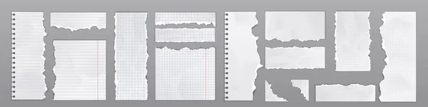 有撕破边缘的笔记本页 用正方形格子带条纹的纸片和废纸 旧空白记事本和抄本页 矢量逼真插图 — 图库矢量图片