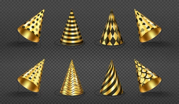縞模様 ポルカドット スパイラル スケールやハリキン菱形のパターンとパーティー帽子 誕生日ゴールドと黒の色のキャップ お祝いのためのカートンコーン現実的な3Dベクトルアイコンセット — ストックベクタ