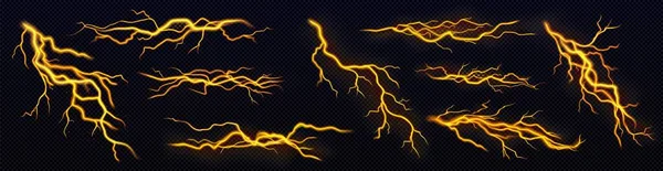 夜の嵐の間の黄色の雷 電気落雷のセット 強力な放電 クラック 魔法のエネルギーフラッシュ 黒の背景に隔離された現実的な3Dベクトルボルト — ストックベクタ