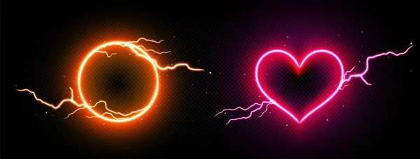 Neonové Rámy Blesku Kulaté Srdce Tvaru Elektrického Blesku Zářící Okraje — Stockový vektor