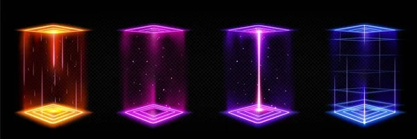 Portails Futuristes Hologramme Magique Téléportation Avec Podium Carré Cabine Voyage — Image vectorielle